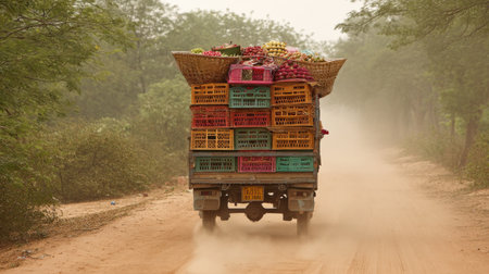 A truck laden with colorful fruit crates drives along a dusty rural road, highlighting the vibrant agricultural life and scenery.の素材