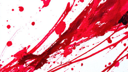 This striking image features a bold abstract red splash against a clean white background, showcasing dynamic brush strokes and splatters. Perfect for creative projects.の素材