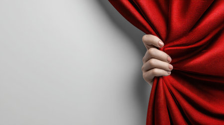 A close-up of a hand gripping a red fabric curtain, set against a neutral white background, creating a striking visual of emotion and anticipation.の素材
