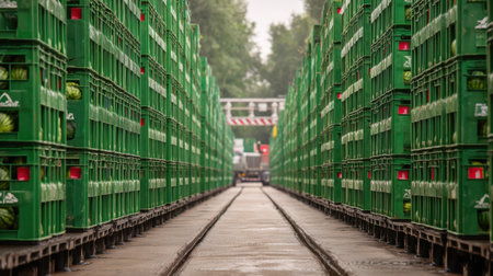 A captivating view of neatly stacked green plastic crates at a distribution center, showcasing efficient organization amid a natural setting.の素材