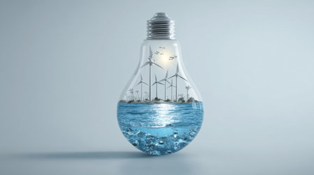 A unique lightbulb concept features wind turbines and clear water, highlighting the importance of renewable energy and environmental awareness.の素材