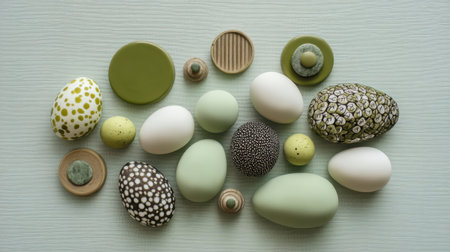 A beautifully arranged collection of decorated eggs in various styles and shades on a soft green background, ideal for Easter and spring themes.の素材