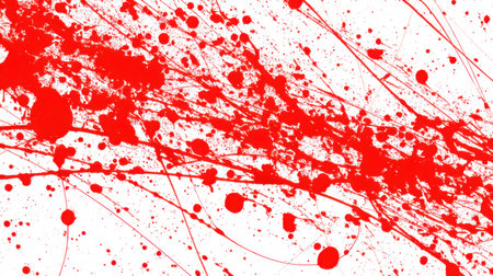 This abstract image features dynamic red paint splatter on a pristine white background, ideal for design projects, advertisements, or artistic references.の素材
