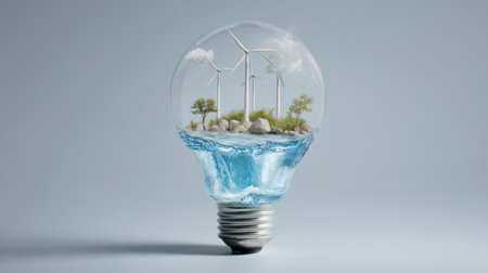This stunning image portrays an eco-friendly energy concept, showcasing wind turbines on an island within a light bulb filled with clear water. The scene symbolizes renewable energy, sustainability, and a vision for a greener planet.の素材