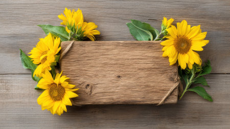 A beautiful rustic wooden sign adorned with vibrant sunflowers sits on a weathered wooden table, perfect for garden or home decor projects.の素材