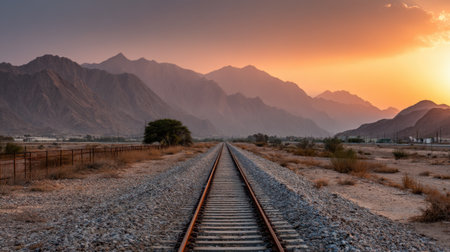 A tranquil scene capturing railroad tracks leading into a stunning mountain landscape at sunset, showcasing vibrant colors and serene nature.の素材