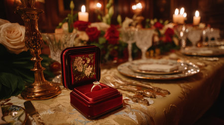 A beautiful red ring box sits elegantly on a decorated table, surrounded by soft candlelight and blooming roses, creating a romantic atmosphere for special moments.の素材
