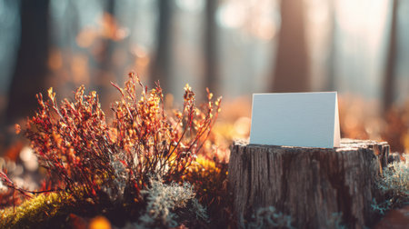 A scenic view capturing a blank business card resting on a tree stump amidst vibrant moss and soft sunlight, ideal for creative design projects.の素材