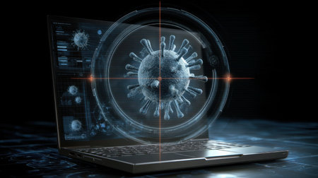 A sleek laptop showcases a detailed digital model of a virus alongside essential data analysis, set against a dark, high-tech backdrop.の素材