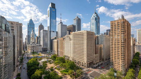 Explore a stunning panoramic view of Philadelphia showcasing its modern skyscrapers, historic buildings, and lush parks beneath a vibrant sky.の素材