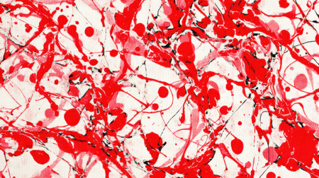 This vibrant abstract background features splattered red paint on a white canvas, creating a dynamic and expressive visual perfect for artistic projects.の素材