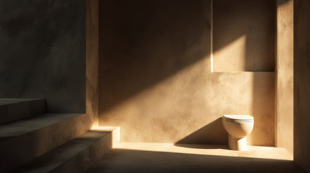 A serene minimalist bathroom showcasing a single toilet against textured earthy walls. Soft natural light creates a tranquil atmosphere. Perfect for modern design inspiration.の素材