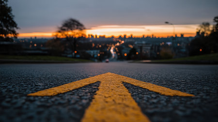A captivating view of a downhill road with a yellow arrow marking, framed by a stunning city skyline during sunset. The warm colors and tranquil atmosphere evoke a sense of exploration.の素材