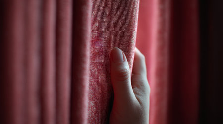 A hand gently holds a rich red curtain, showcasing the texture and fabric details while warm light filters through the window, creating a cozy atmosphere.の素材