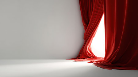 A beautifully draped red curtain reveals soft light against a minimalist backdrop, creating an elegant and dramatic atmosphere perfect for various design projects.の素材