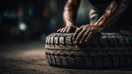 A close-up image of strong hands working on a tire in a dark garage, highlighting the effort and determination of manual labor in mechanics.の素材