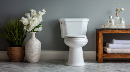 A modern bathroom setting featuring a sleek white toilet, elegant flowers in a stylish vase, and neatly arranged towels on a wooden shelf.の素材