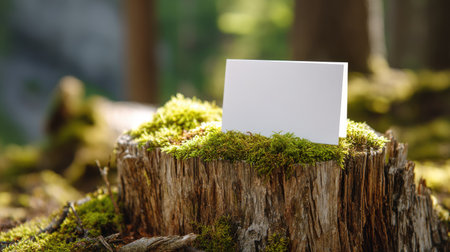 A blank business card rests on a mossy tree stump in a serene forest, creating a perfect backdrop for nature-themed presentations or branding.の素材
