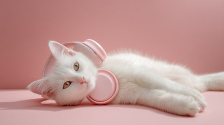 A charming white cat with stylish pink headphones lounges on a soft pink background, embodying cuteness and tranquility. Ideal for pet-themed designs.の素材