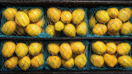 A collection of fresh yellow lemons is displayed in netting inside rustic wooden crates, showcasing their vibrant color and organic appeal.の素材
