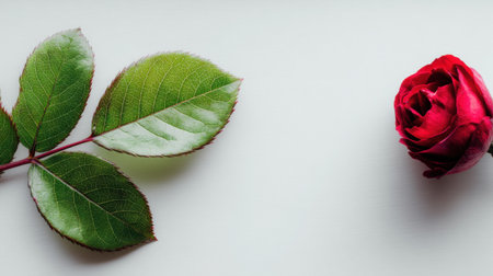 A stunning red rose accompanied by lush green leaves rests on a soft white surface, embodying beauty and elegance in floral artistry.の素材