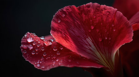 A stunning close-up image showcasing a red flower petal adorned with shimmering water droplets, highlighting its delicate texture against a dark background.の素材