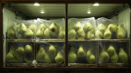 A visually striking display of fresh pears arranged on wooden pallets and protected by netting, illuminated by soft lighting. Ideal for agricultural and food-related themes.の素材