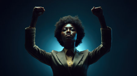 A powerful image of a confident female leader showcasing strength and determination. Her raised fists symbolize empowerment and success, illuminated by a blue background.の素材