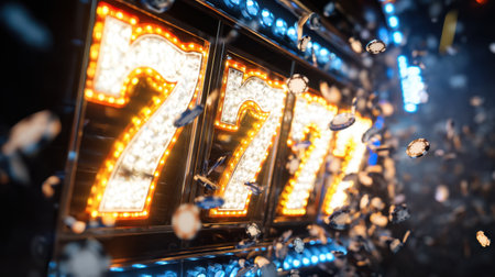 Mesmerizing neon lights illuminate slot machine symbols surrounded by flying coins, capturing the thrilling essence of casino gaming and excitement.の素材