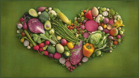 Vibrant heart shape created with an assortment of fresh vegetables and fruits on a green background, symbolizing healthy living and nutrition.の素材