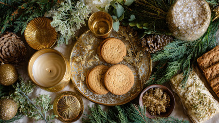 A beautifully arranged holiday table featuring cookies, candles, and natural greenery, creating a warm and inviting atmosphere for celebrations.の素材
