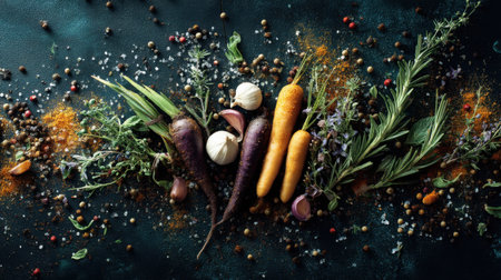 A visually stunning arrangement of fresh vegetables and herbs on a dark surface, highlighting vibrant colors, spices, and natural textures.の素材