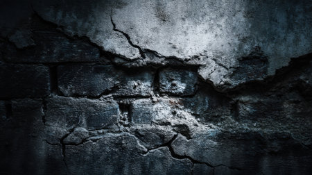 Captivating dark cracked wall background offers a textured surface with intricate details and deep shadows ideal for various artistic projects.の素材