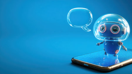 A whimsical cartoon robot stands on a smartphone screen, ready to engage in conversation with a speech bubble, showcasing futuristic technology.の素材