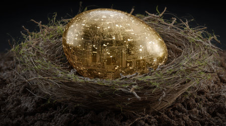 A striking image of a golden egg crafted with intricate circuitry design, nestling in an earthy nest, symbolizing the blend of nature and technology.の素材