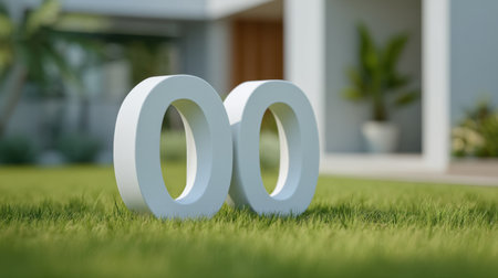 A striking minimalist white number sculpture rests elegantly on a green lawn, enhancing a modern outdoor space with its clean design and artistic appeal.の素材