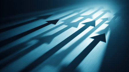 Vibrant abstract image featuring arrows casting intricate shadows in a blue ambiance, symbolizing progress, direction, and creativity.の素材