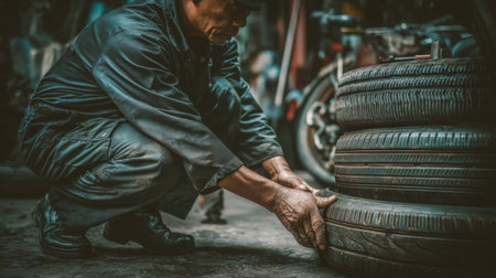 A dedicated mechanic works diligently in a busy garage, focusing on tire placement, showcasing commitment and skill in automotive repair tasks.の素材