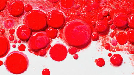 A vibrant display of red paint droplets on a pristine white surface, creating an eye-catching abstract art piece that captures attention.の素材