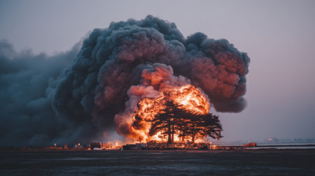 A stunning capture of an explosion with violent flames and thick smoke rising from a cluster of trees, creating a highly dramatic scene at dusk.の素材