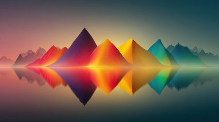 This captivating image features colorful geometric pyramids mirrored in calm waters during dusk. The serene atmosphere invites viewers to explore the beauty of nature.の素材