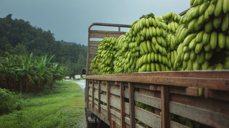 A truck loaded with fresh green bananas travels through a lush rural landscape under a cloudy sky, showcasing agricultural delivery.の素材