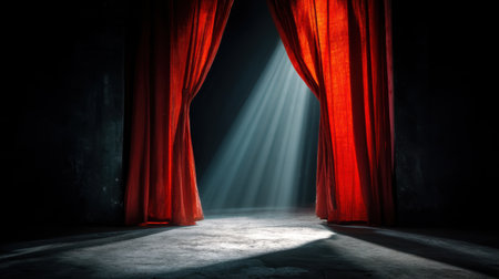 A captivating view of dramatic red curtains pulled back, illuminating a dark room with radiant light rays. Perfect for evoking a mysterious and theatrical atmosphere.の素材