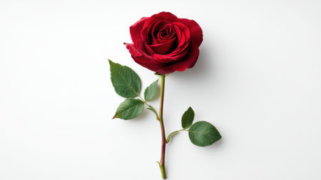 A captivating image of a stunning red rose with lush green leaves on a pristine white background, symbolizing love and elegance in every detail.の素材