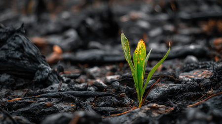A vibrant green sprout pushes through blackened soil, symbolizing resilience and hope after a devastating wildfire, showcasing nature's recovery.の素材