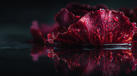 This close-up image features vibrant red petals adorned with glistening water droplets, perfectly reflecting on a dark surface. The composition highlights nature's exquisite detail and beauty.の素材