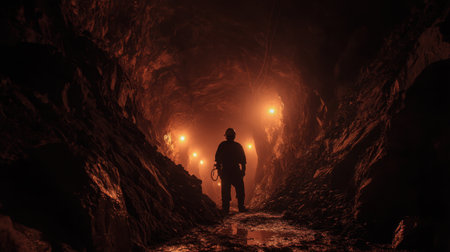 A solitary miner stands silhouetted in a dim underground tunnel, illuminated by soft glowing lights, capturing the essence of exploration.の素材