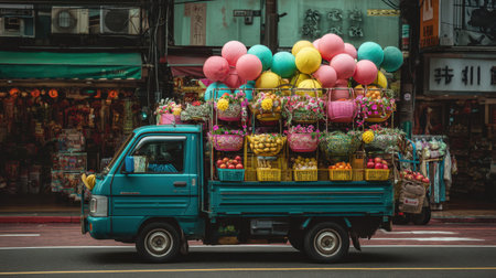A lively truck filled with an array of fresh fruits and flowers, adorned with bright balloons. This captivating scene captures the essence of urban markets.の素材