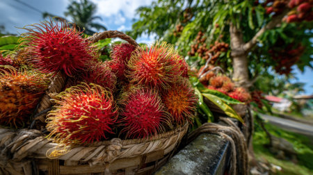 A picturesque display of fresh rambutan fruits captured in a natural setting, highlighting their vibrant colors and unique textures, representing tropical agriculture.の素材