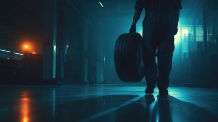 A mechanic walks through a dimly lit garage, holding a tire and creating dynamic shadows, showcasing dedication to vehicle maintenance in a vibrant industrial environment.の素材